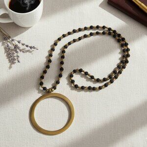 🇫🇷 NATARAJ COLLECTION Paris Long Black Rudraksha Beaded Gold Ring Pendant Neck